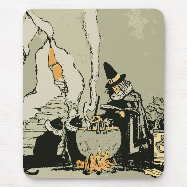 Mousepad Vintage Halloween, Bruxa com Cauldron e Gatos (Frente)