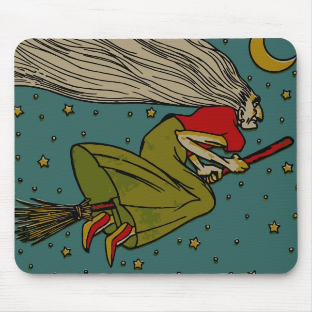 Mousepad Vintage Halloween, Bruxa Mau voando em Broomstick (Frente)