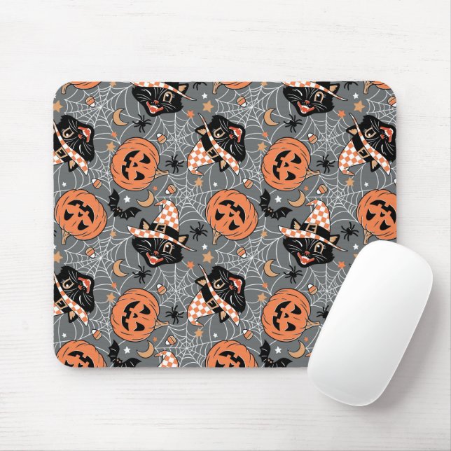 Mousepad Vintage Halloween Cats e Pumpkins Patterno (Com mouse)