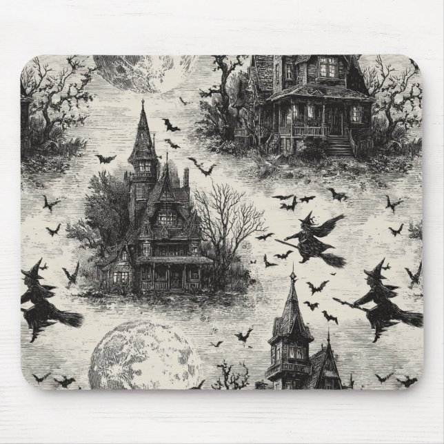 Mousepad Vintage Haunted House and Witch Toile Standard (Frente)