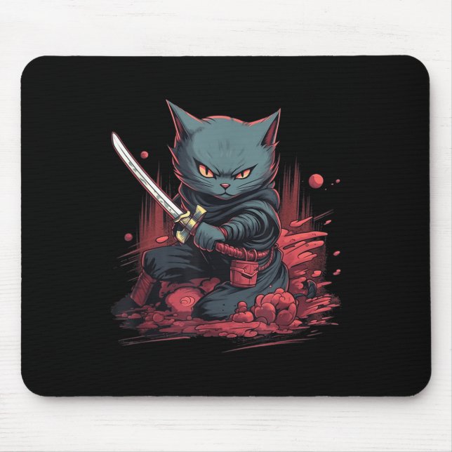 Mousepad Vintage Japonês Samurai Ninja Cat Tattoo Kawaii (Frente)