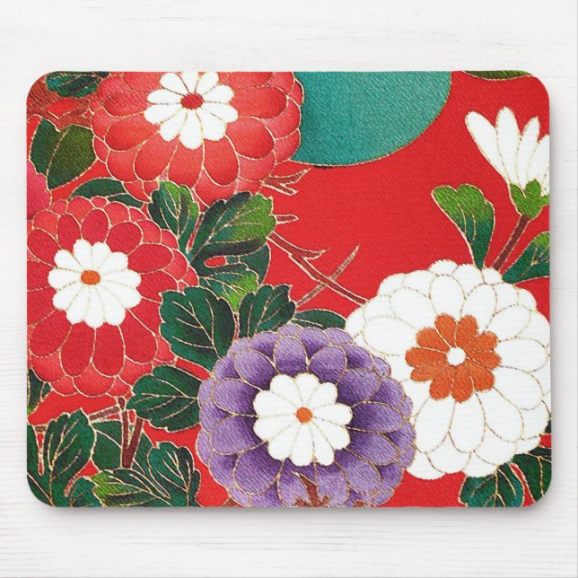 Mousepad Vintage Japonês Textil - Red Dahlias (Frente)
