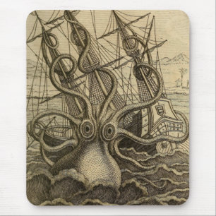 Mousepad Vintage Kraken Gigante Mar de Lula Navio Monstro