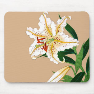 Mousepad Vintage, Liliy Japonês. Branco, Verde e bege