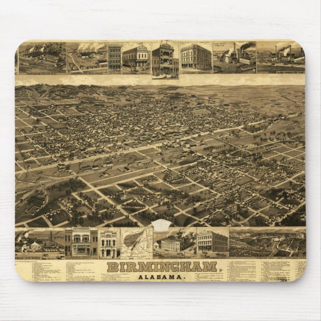 Mousepad Vintage Map of Birmingham, Alabama (1885) (Frente)