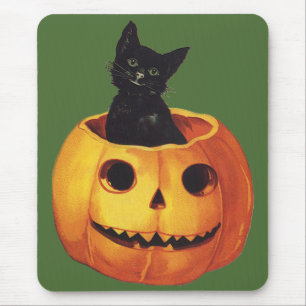 Mousepad Vintage o Dia das Bruxas, gato preto bonito em uma