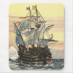 Mousepad Vintage Pirate Ship, Galleon Seleando no Oceano