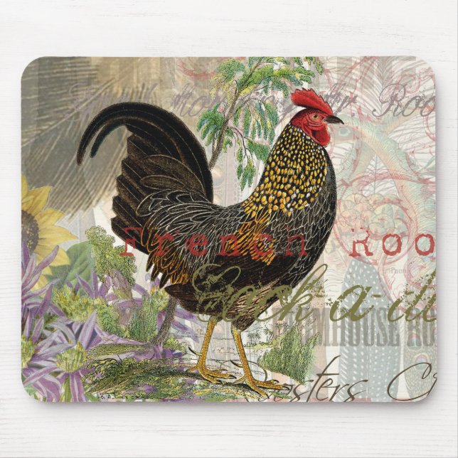 Mousepad Vintage Rooster French Collage Pet Fazenda (Frente)