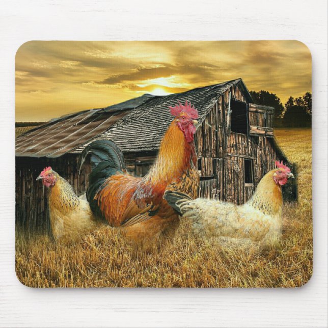 Mousepad Vintage Rooster Hens Russo Barn Coop (Frente)
