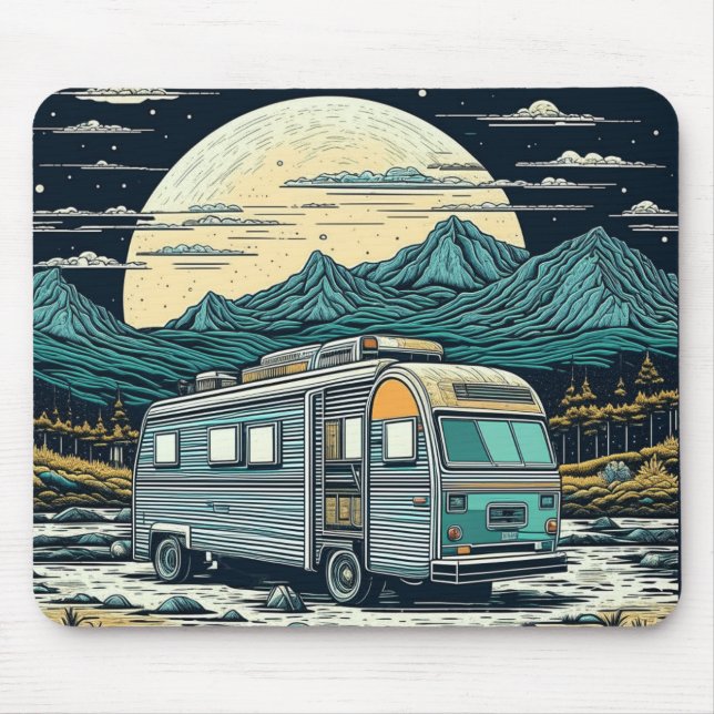 Mousepad Vintage RV nas montanhas com lua cheia (Frente)