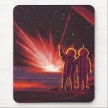 Mousepad Vintage Science Fiction Alienígena Red Planet Expl<br><div class="desc">Imagem de Vintage,  ilustração futurista Science Fiction com astronautas alienígenas amigáveis acenando. Eles estão em um planeta ou lua vermelho com bolas de fogo explosivas que se parecem com fogos de artifício. Um clássico design de quadrinhos retrô 50 de ficção científica.</div>