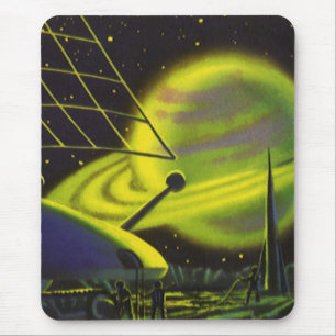Mousepad Vintage Science Fiction Neon Green Planet w Rings