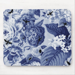 Mousepad Vintage Toile floral botânico do azul de índigo &