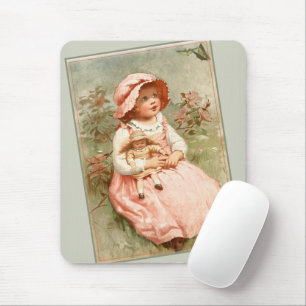 Mousepad Vintage Victorian Girl with Doll Butterflies Sage