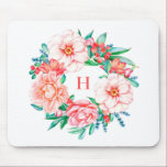 Mousepad Vintage Watercolor Pink Floral Wreath Monograma<br><div class="desc">Mousepad do tema floral vintage. Apresenta uma camada aquosa de cor rosa e laranja,  rosas e flores. Personalize adicionando um monograma. Este bufo floral é perfeito como presente personalizado.</div>