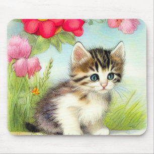 Mousepad Vintage White e Brown Kitten com Flores