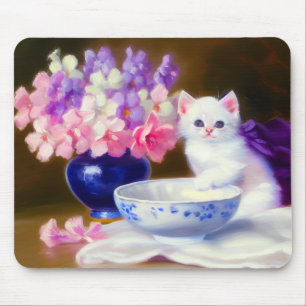 Mousepad Vintage White Kitten com Fita Roxa