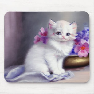 Mousepad Vintage White Kitten com Flores Rosa e Púrpura