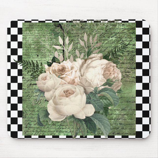 Mousepad Vintage White Roses & Checkerboard (Frente)