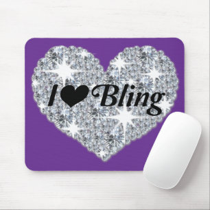 Mousepad Violet Purple Faux Diamond "I Love Bling" Heart