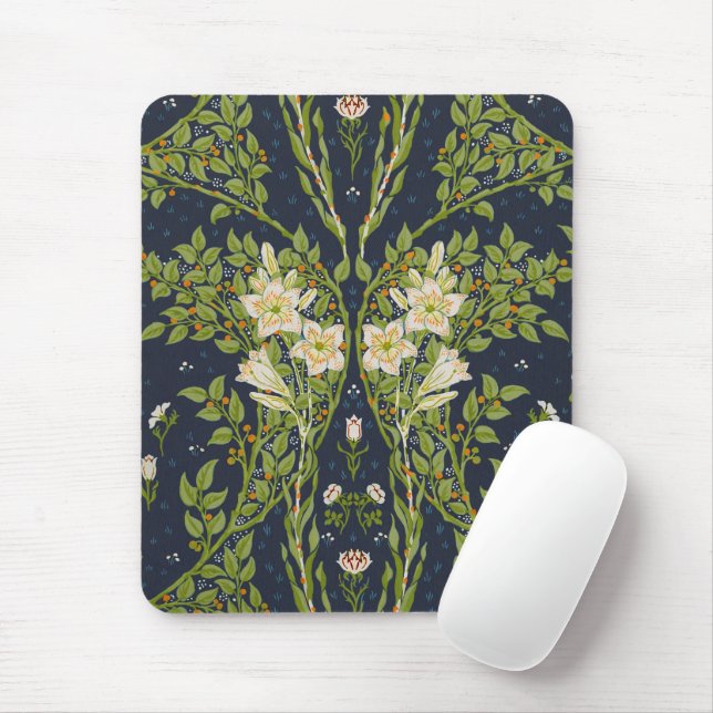 Mousepad Walter Crane Antigo Padrão Lírio Branco Marinho (Com mouse)