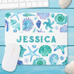 Mousepad Watercolor Beach Sea Shels and Starfish Monograma