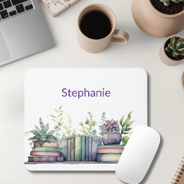 Mousepad Watercolor Books and Plants Personalized