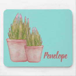 Mousepad Watercolor Cactus com seu nome, rosa e aqua
