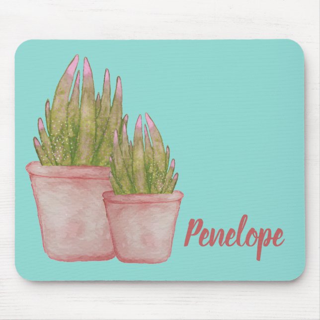 Mousepad Watercolor Cactus com seu nome, rosa e aqua (Frente)