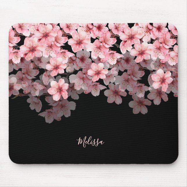 Mousepad Watercolor Cherry Blossoms Black Pink | Your Name (Frente)