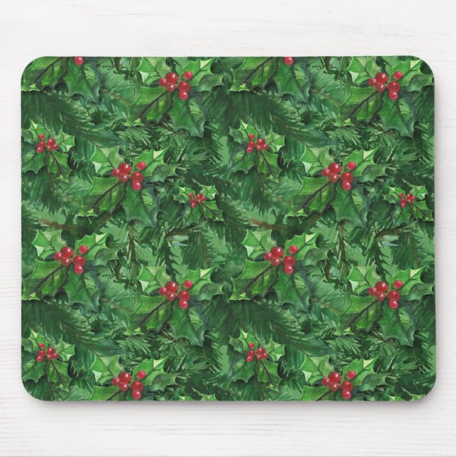 Mousepad Watercolor Christmas Holly Berries (Frente)