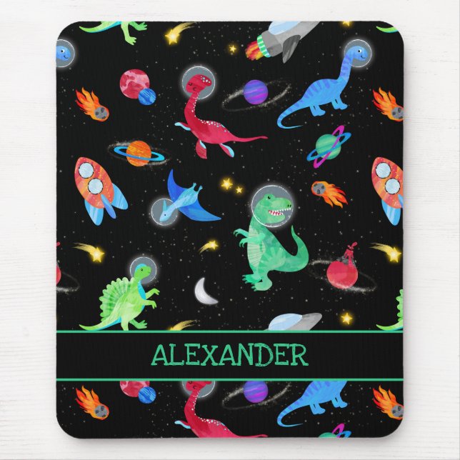 Mousepad Watercolor Dinosaur Astronauts In Space Black (Frente)