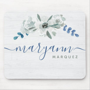 Mousepad Watercolor floral em madeira branca Nome personali