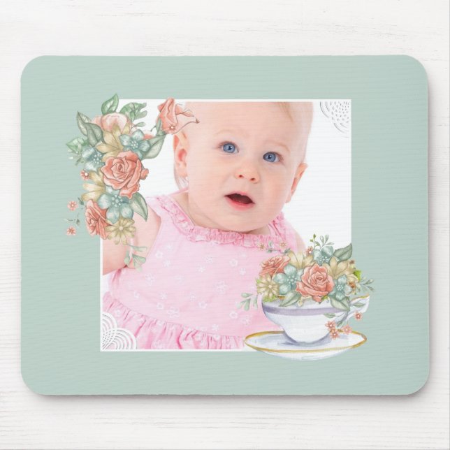 Mousepad Watercolor Floral Teacup Custom Photo (Frente)