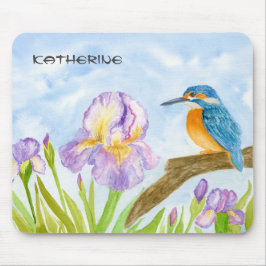 Mousepad Watercolor Kingfisher with Purple Irises 