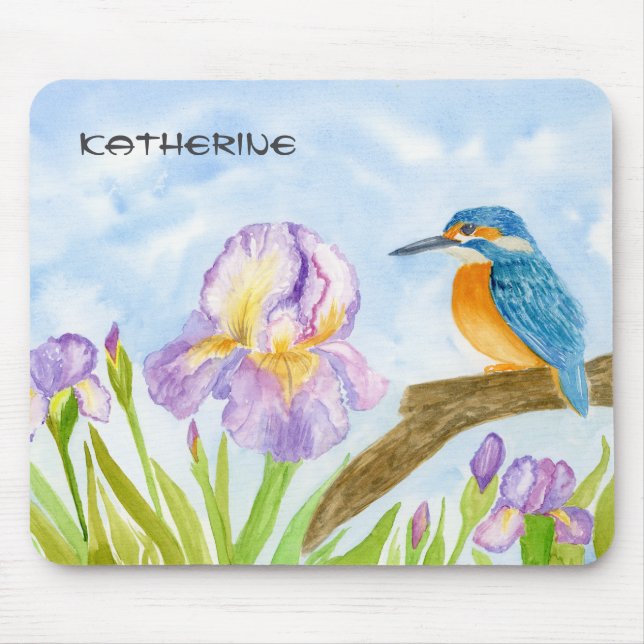 Mousepad Watercolor Kingfisher with Purple Irises  (Frente)