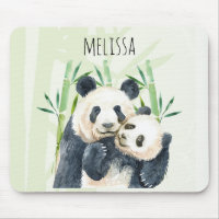 Watercolor Panda Bears Mãe e Bebê em Bambu