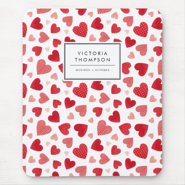 Mousepad Watercolor Patchwork Red Hearts Pattern (Frente)