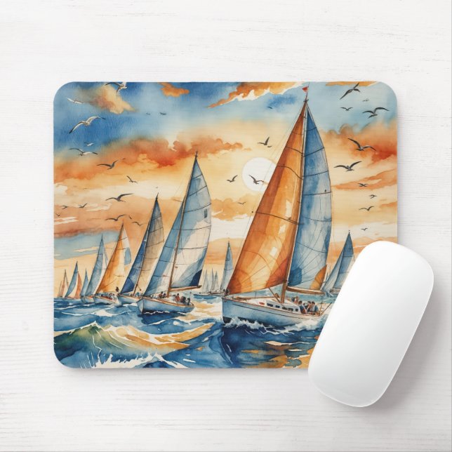 Mousepad Watercolor Sailboat Regatta (Com mouse)