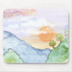 Mousepad Watercolor Sunset sobre Montanhas e Árvores