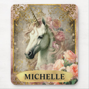 Mousepad Watercolor Vintage White Unicorn e Rosas Rosa