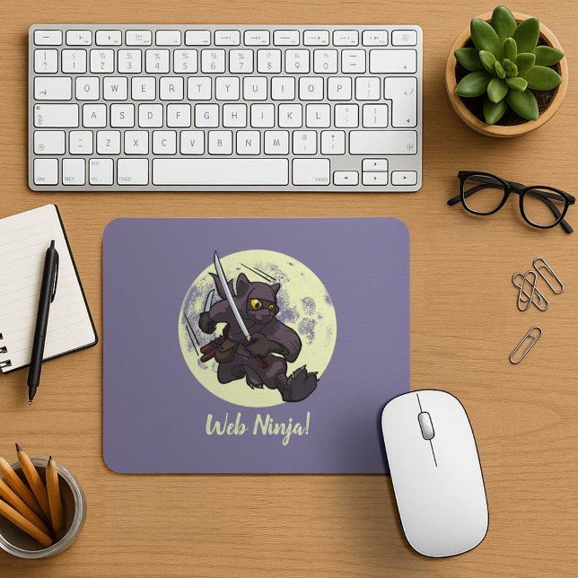 Mousepad Web Ninja Jumping Black Cat Ninja Katana Cartoon (Criador carregado)