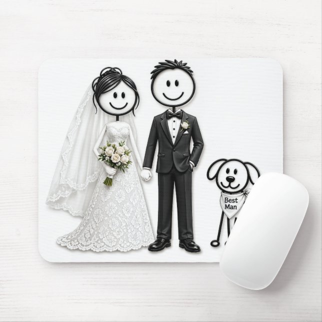 Mousepad Wedding Stick Figures with Best Man Dog (Com mouse)