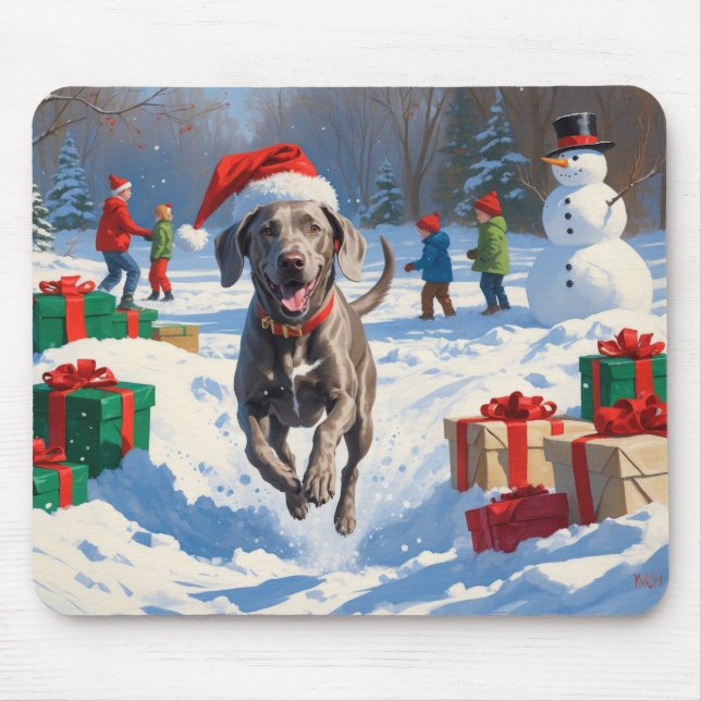 Mousepad Weimaraner Correndo na Neve com Chapéu de Natal (Frente)