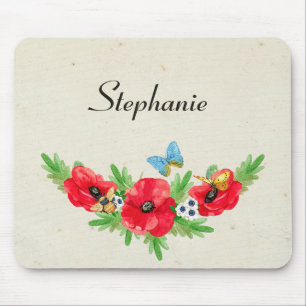Mousepad Whimsage Red Poppy Watercolor Com Nome