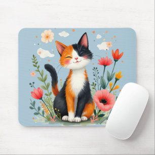 Mousepad Whimsic Calico Cat Floral Cottagecore Art