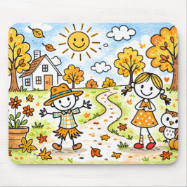 Mousepad Whimsical Autumn Kids and Owl