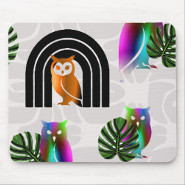 Mousepad Whimsical Boho Owl & Tropical Monstera Leaf