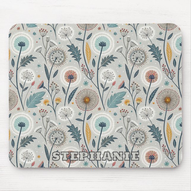 Mousepad Whimsical Dandelion & Floral Folk Art Seamless (Frente)