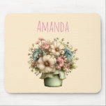Mousepad Whimsical Flowers in a Planter Pot Cute<br><div class="desc">Mousepad with a cute image. Blue. pink and cream colored flowers with green leaves. Set inside a green flower pot with a green plaid cloth hanging over the side.</div>